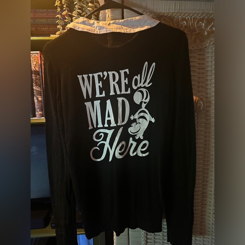 Disney cardigan size small Alison Wonderland Cheshire cat we’re all mad here